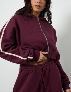 Conjunto Deportivo de 2 Piezas a Rayas para Mujer, Estilo Informal, Cintura Alta Elástica, Ropa Deportiva para Correr y Entrenar, Color Borgoña, Cierre de Cremallera - Product Image 4