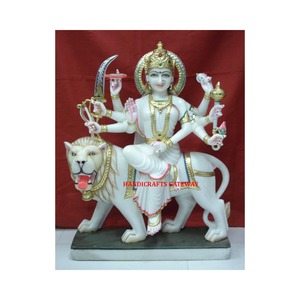 Statue de dieu peinte à la main en marbre blanc pur fabriquée à la main en marbre blanc peint Durga Mata assis sur une statue de lion du culte indien - Product Image 1