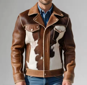เสื้อแจ็คเก็ตหนังวัวแท้สไตล์ตะวันตกสีน้ำตาลขาว  แบบมีขน  สำหรับผู้ชาย  กันน้ำ  ฤดูหนาว  ซิป  ผ้าไม่ถักทอ - Product Image 1
