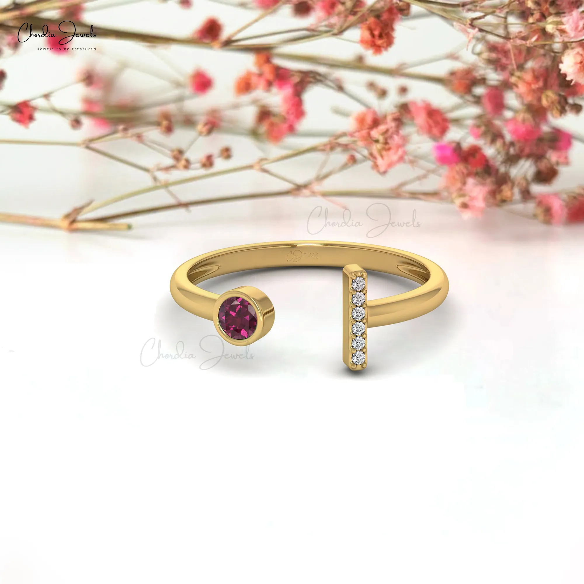 Tuyệt đẹp chia chân có thể điều chỉnh vòng 14k vàng 3 mm Rhodolite Garnet đá quý & trắng kim cương Nhẫn OEM đồ trang sức nhà sản xuất