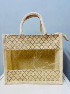 Bolsas de regalo de yute bohemias XL Ventana de PVC transparente Cremallera duradera cruzada de moda para cesto a granel Embalaje personalizable - Product Image 4