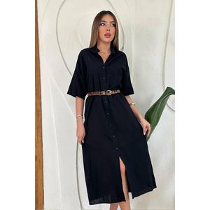 Vestido de Lino Negro al por Mayor de Manga Corta, Silueta Holgada y Cómoda - Product Image 3