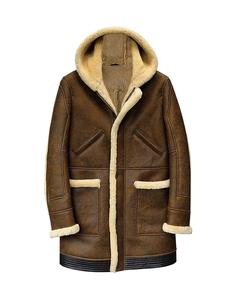 Mens Shearling Hooded <b>Coat</b> Real Genuine Leather Ternch Mid Length Sherpa Fur Warm filling Winter Rancher <b>Coat</b> Jacket Wholesale - Product Image 5