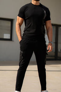 Camiseta ajustada de alta calidad para hombre y traje de Pantalón cargo de talla grande, chándal negro - Product Image 6