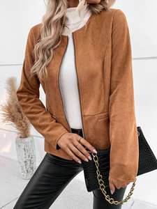 Chaqueta Bomber de cuero elegante Vintage para mujer, cremallera frontal roja con cuello de solapa, manga larga, traje de punto de piel de oveja a la moda - Product Image 2