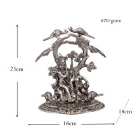 Radha Krishna assis à la main en métal plaqué argent, Statue Design sous l'arbre pour la décoration de la maison et les cadeaux