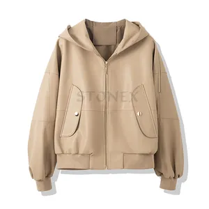 Hot Sale 2023 Spring And Autumn Women's Short Hooded Jacket Khaki PU Leather Ladies' Jacket