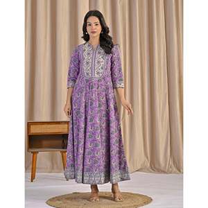 Vestido Anarkali de Algodón Estampado a Mano en Gris Púrpura, Sari Indio para Fiestas con Bordado a Mano - Product Image 3