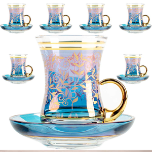 Turkish Style Coffee Mug <b>Glasses</b> Vintage Inspired Glassware <b>Set</b> and Saucer, Adult <b>Glass</b> Teacups for Tea Party, Family, Friends - Product Image 1