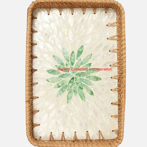 Plateau de service en rotin fait main avec incrustation de nacre verte plateau de Table basse décoratif en osier tissé naturel pour la décoration intérieure - Product Image 6
