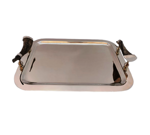 Easy-to-Clean Reusable Brass Metal Rectangular <b>Tray</b> Horn <b>Handle</b> Kitchen Restaurant Bar Cafe Living Room Applicable Storage <b>Trays</b> - Product Image 1