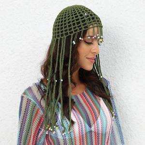 Chapeau de plage en crochet fait main pour femme, style ethnique, à pompons, motif tricoté, personnalisable pour usage décontracté, ski, voyage et sorties romantiques - Product Image 4