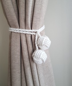 Monkey Fist <b>Curtain</b> Tieback, <b>Macrame</b> <b>Curtain</b> Tiebacks, Cotton Rope <b>Curtain</b> Tiebacks, White <b>Curtain</b> Tieback, Nautical Tie Backs - Product Image 1