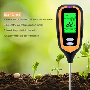 Medidor digital 4 em 1 de pH do solo, medidor de umidade do solo, testador de luz solar e temperatura para plantas com display LCD