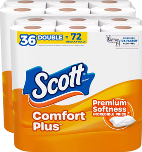 Papel Higiénico Scott ComfortPlus 100% Desechable y Compostable, 36 Rollos Dobles, 231 Hojas por Rollo, Seguro para Fosas Sépticas, 1 Capa, Precio Bajo - Product Image 1