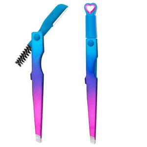 Pince à sourcils 3 en 1 avec brosse multifonctionnelle en acier inoxydable pince à cils colorée outils de maquillage de beauté - Product Image 4
