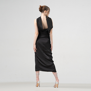 Vestido de satén con abertura A-Line Sexy Back Vestido negro Ropa de mujer ODM Tea-Length Vestidos elegantes con hombros descubiertos Fabricantes de Vietnam - Product Image 5