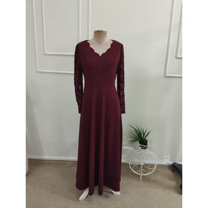 Robe en crêpe scintillante à manches longues, col en V ondulé, bordée de dentelle, pour femme, 37531 - Bourgogne - Product Image 4