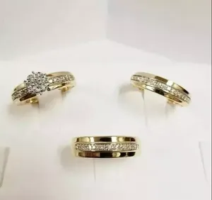 925 Plata 1,20 CT Real Moissanite Diamond His & Hers Wedding Trio Ring Set - Product Image 4