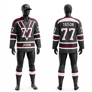 Premium Mens Ice Hockey Jersey 240 GSM Moisture Wicking Polyester Air Mesh Black <b>Maroon</b> Stripe Panel Embroidered Logo - Product Image 1