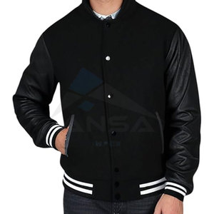 Varsity Letterman Jacket Genuine Leather Sleeves Warm <b>Wool</b> Blend Body Comfort Ribbed Collar and Cuffs Black <b>White</b> Line - Product Image 3