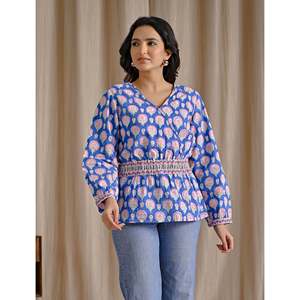 Haut court formel bleu en coton imprimé à la main pour femme, en tissu popeline, motif floral brodé, tailles XS à XL, col montant - Product Image 4