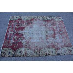 Tapis vintage turc classique rouge beige 4.1x5,3 pieds Patchwork motif abstrait laine latex pour couloir de chambre d'ado - Product Image 3