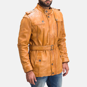 Chaqueta de invierno larga de cuero PU vintage informal de diseño personalizado OEM para hombre con cuello levantado para ciclismo de motor - Product Image 3