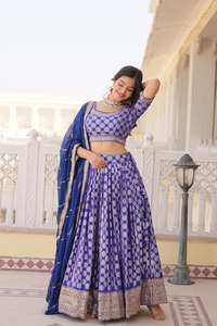 Blue Designer Dyeable Pure Viscose Jacquard Fabric Lentejuelas Bordado Work Lehenga Choli & Dupatta Set para bodas, fiestas - Product Image 3