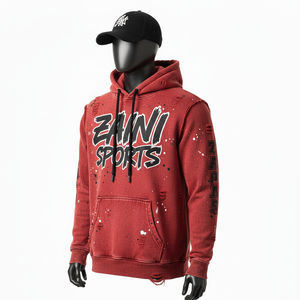 Sweat à capuche premium délavé à l'acide, 330 GSM, en molleton de coton épais, rouge, style vieilli, avec logo personnalisé imprimé à l'écran sur le devant et les manches, sweat à capuche basique - Product Image 5