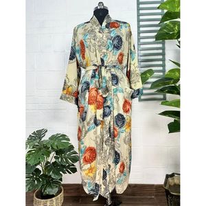 Boho Vintage Silk Sari Dressing Gown Recycled <b>Robe</b> Kimono <b>Beach</b> Cover-Up Beige Black Bridesmaid Anniversary Gift for Swimsuit - Product Image 1