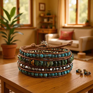 Bracciale Avvolgente a 5 Fili per Donna, Gioielli Bohémien Fatti a Mano con Turchese Africano, Perle, Cristalli Naturali e <span class=keywords><strong>Ematite</strong></span> - Product Image 1