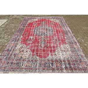 Turkish Large Rug 7.1x9.8 ft, <b>Red</b> Blue Striped Rug <b>Wool</b> - Product Image 1