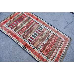 Alfombra de lana blanca y roja Kilim de área grande, 3,3x5,8 pies, tejido plano turco, respaldo de látex, patrón rectangular para pasillo, Alfombra de habitación modelo - Product Image 4