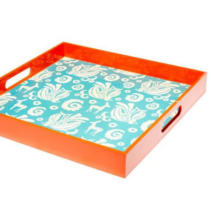 Plateau de service carré en bois laqué orange fait à la main, motif floral, poignées découpées, pour table basse, plateau à thé décoratif - Product Image 1