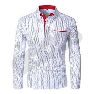 Camiseta de manga larga a la moda para hombre para POLO, camiseta de talla grande con estampado de letras lavadas y cuello de lunares - Product Image 1