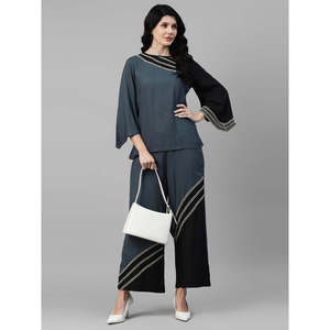 Conjunto de Dos Piezas para Mujer Deebaco, Color Sólido, Detalle de Cuentas, Top Elegante de Corte Holgado con Pantalones Palazzo, para Todas las Temporadas - Product Image 1