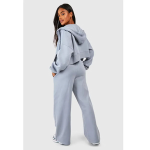 Conjunto Deportivo Casual para Mujer, Top Corto con Capucha de Felpa Azul Claro y Pantalones Anchos, Corte Holgado, para Todas las Temporadas - Product Image 3