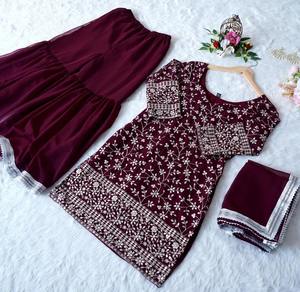 Último diseñador Faux Georgette Heavy Chikanakkari Sharara-Traje Anarkali paquistaní de alta calidad para adultos Ropa de fiesta - Product Image 5