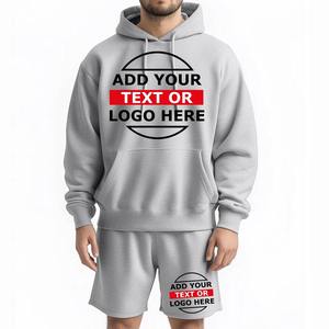Combinaison d'entraînement de gymnastique pour hommes avec logo personnalisé 100% coton Jogger à capuche ensemble de sweats à capuche et de shorts à motif solide - Product Image 4