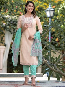 Elegant Indian/Pakistani Style Knee-Length O-Neck <b>Three</b>-Quarter Sleeve A-Line Casual Sweet Embroidered Cotton Salwar Kameez - Product Image 4