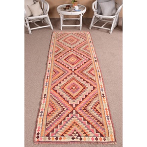 2.7x9.5 ft Vintage <b>Rug</b>, Turkish <b>Runner</b> <b>Rug</b>, Orange Pink Striped <b>Rug</b> - Product Image 1