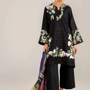 Lujo 2025 estilo de éxito diseñador paquistaní patrón sólido hasta la rodilla vestido de verano para mujeres listo para usar vestido floral de EE. UU. - Product Image 1