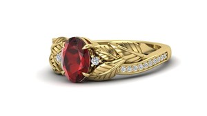 Anillo de compromiso de granate rojo ovalado, Plata de Ley 925, chapado en oro de 14 quilates, anillo de hoja inspirado en la naturaleza, regalo de cumpleaños único - Product Image 2