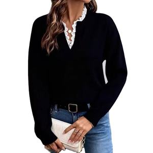 Pull tricoté décontracté pour femme à col en V, avec bordure en dentelle, respirant, séchage rapide, anti-plis – Vente en gros, modèle européen très prisé pour l'hiver/automne - Product Image 3