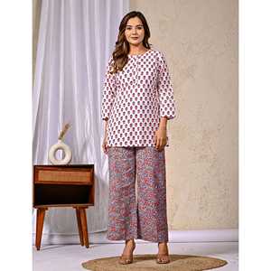 Ensemble coordonné en coton blanc pour femmes, haut à manches trois-quarts imprimé Butti avec boutons, tenue assortie deux pièces pour l'été - Product Image 3