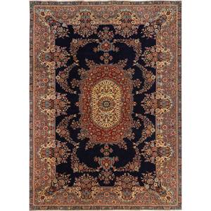 Alfombra de Lana Anudada a Mano Aalam Classic Blue, Rectangular de 9x12, con Medallón, Tejido Plano para Pasillo, Dormitorio, Sala de Estar - Product Image 1