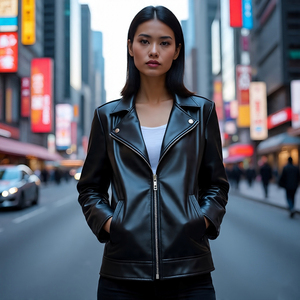 Chaquetas de motorista con cremallera de moda para mujer, prendas de vestir exteriores informales de Otoño/Invierno | Chaqueta de cuero de piel de vaca a prueba de viento para mujer - Product Image 1