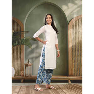 Kurta y Palazzos de Algodón Puro para Mujer con Cuello Mandarín, Diseño Propio, Corte Recto, Mangas Tres Cuartos para Primavera/Verano - Product Image 2