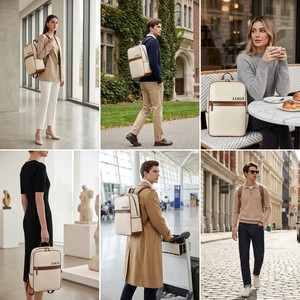 Sac à dos en cuir vegan beige minimaliste professionnel, style urbain vintage, avec finitions marron, pour ordinateur portable et bureau - Product Image 3